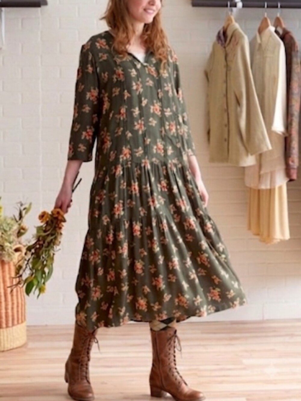 April Cornell Olive Green Floral Tiered Midi Dress with Pink Accents Romantic